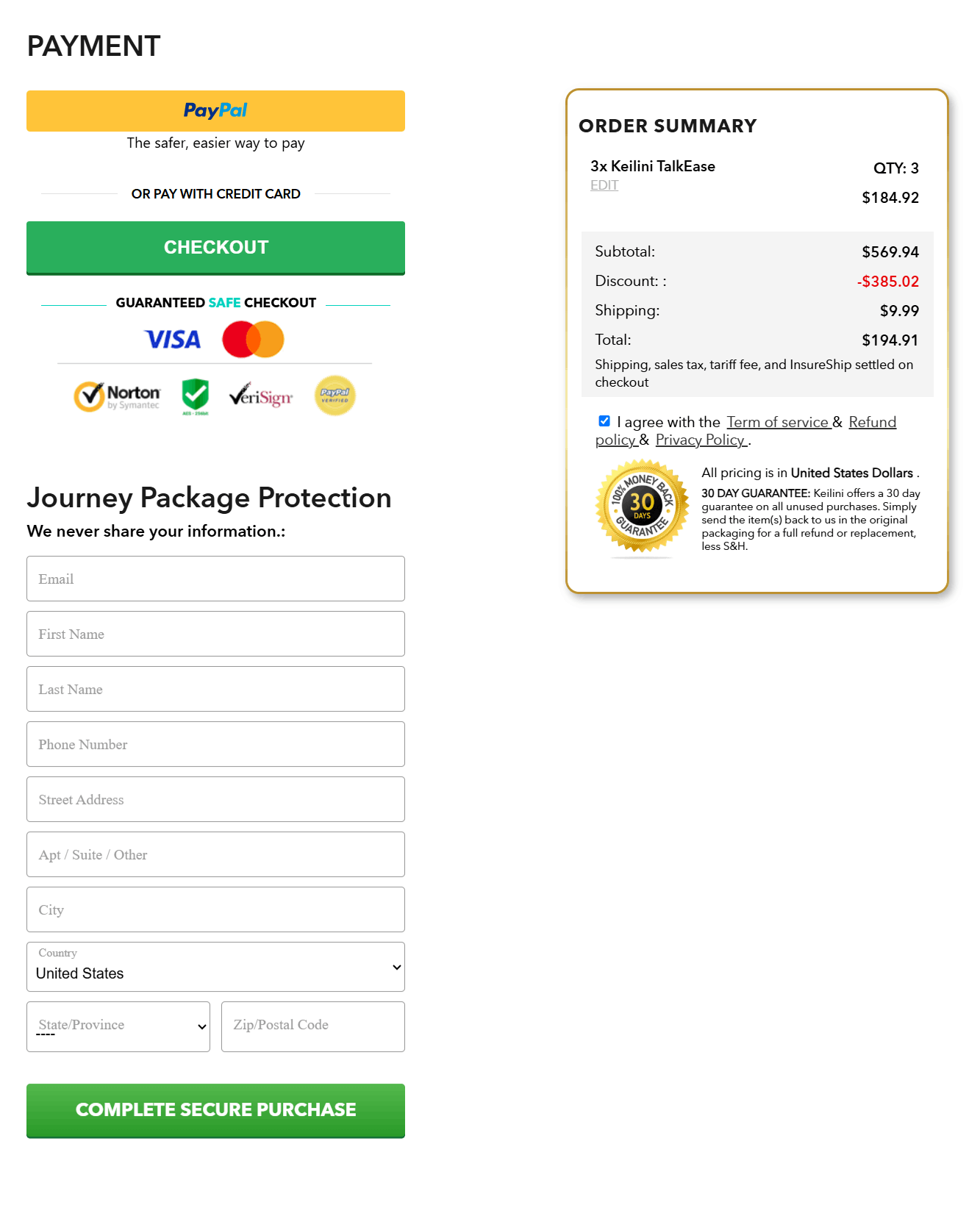 Keilini TalkEase Translator Earbuds checkout page